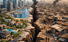 A city divided by a large chasm separating a wealthy urban area with skyscrapers and water from a poor slum with makeshift houses and smoke