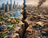 A city divided by a large chasm separating a wealthy urban area with skyscrapers and water from a poor slum with makeshift houses and smoke