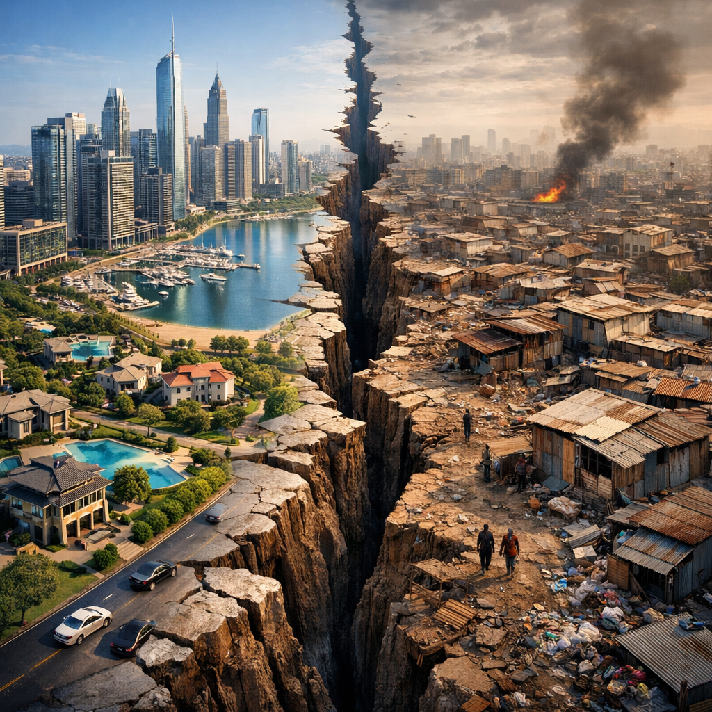 A city divided by a large chasm separating a wealthy urban area with skyscrapers and water from a poor slum with makeshift houses and smoke