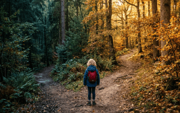Child with red backpack standing at split forest path with autumn colors