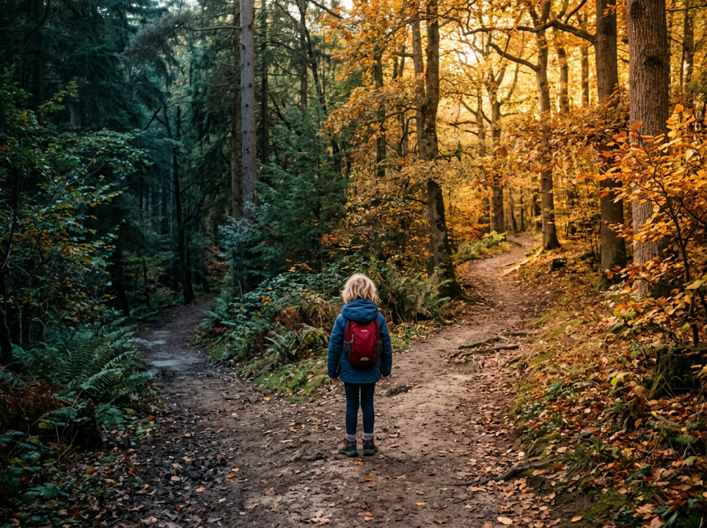 Child with red backpack standing at split forest path with autumn colors