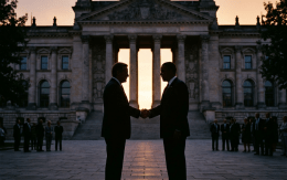 Two men shaking hands silhouetted against a grand government building at sunset