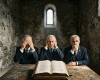 Three wise monkey figurines behind an open book on a wooden table