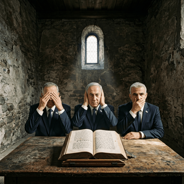 Three wise monkey figurines behind an open book on a wooden table
