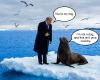 A suited man and walrus on an ice floe; speech bubbles read “You’re my dog.” and “I’m not your dog, and this isn’t your country.”