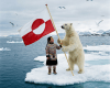 Greenland flag, polar bear, girl, ice floe, blue water